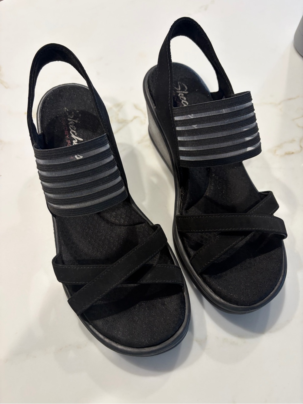 Skechers Black Women's Slide Sandals with Dual Elastic Straps Memory Foam